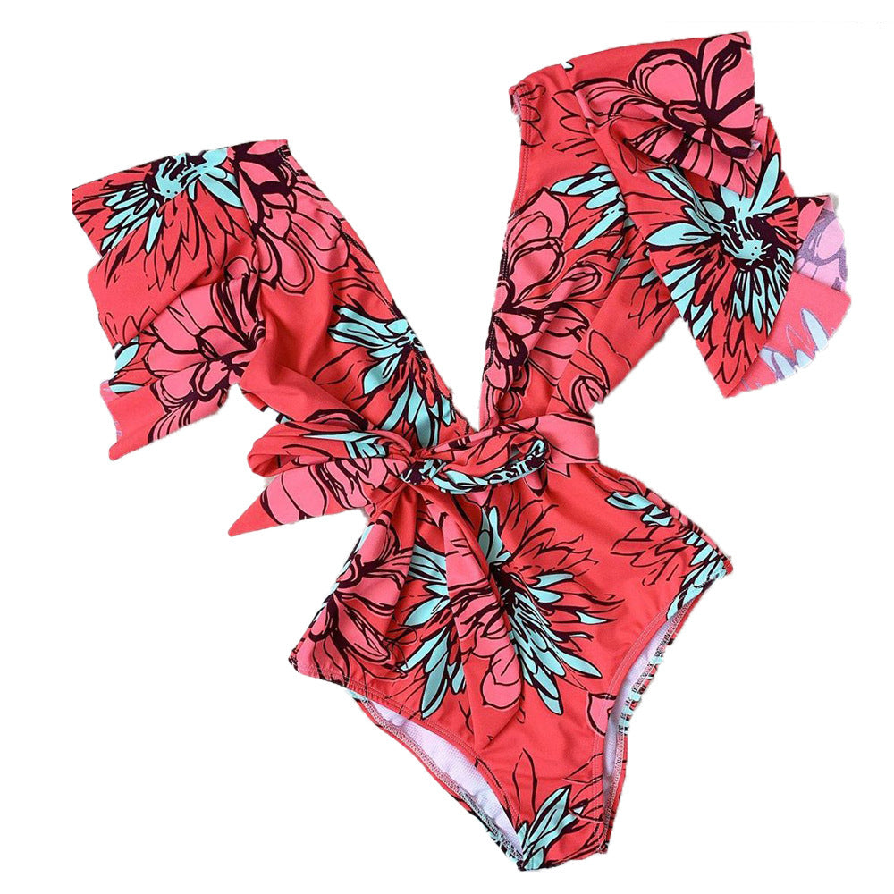 Ladies Elegant Swimsuit with Ruffle Sleeves and Waist Belt Mune Fashion