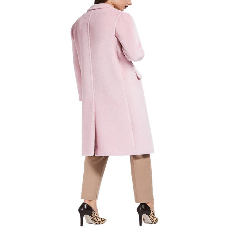 Women's Mid-Length Teddy-Wool Blend Coat with Double Breasted, Patch Pockets and Soft Falling Lapel Mune Fashion
