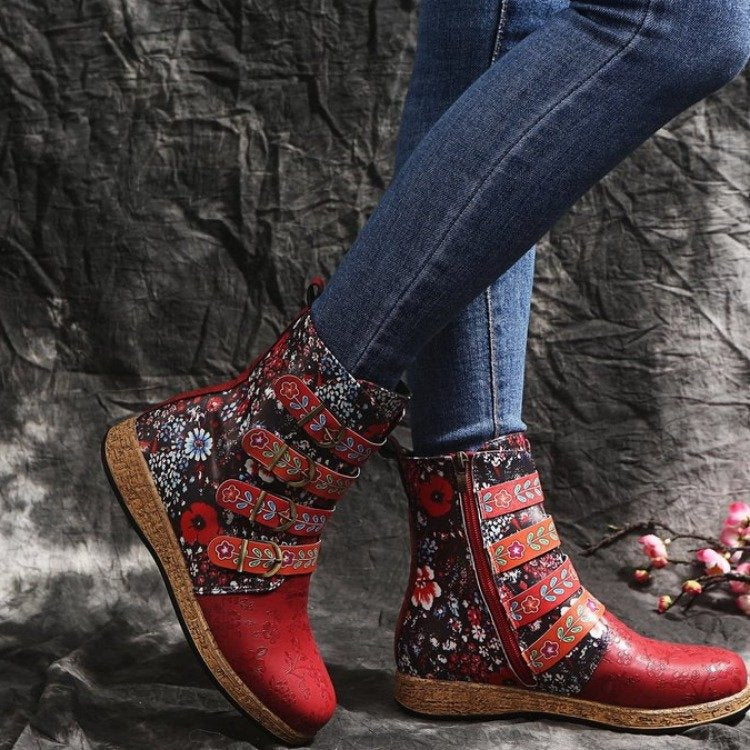 Women's whimsical ankle-high ankle boots with floral embossing, four adjustable decorative straps, and cork look sole Mune Fashion