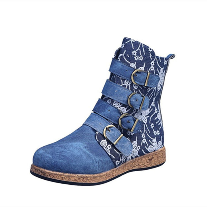 Women's whimsical ankle-high ankle boots with floral embossing, four adjustable decorative straps, and cork look sole Mune Fashion