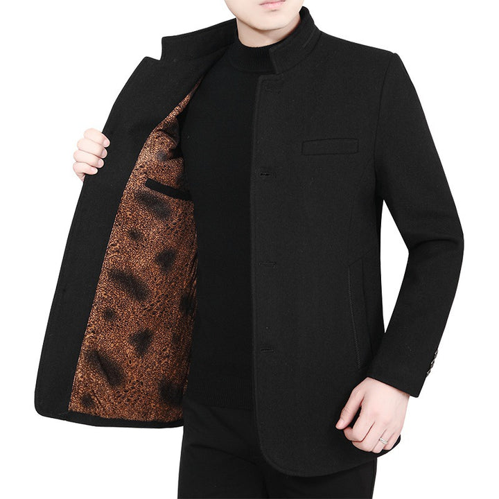 Men's Stand Collar Wool Blend Short Coat with Warm Animal Print Lining Mune Fashion