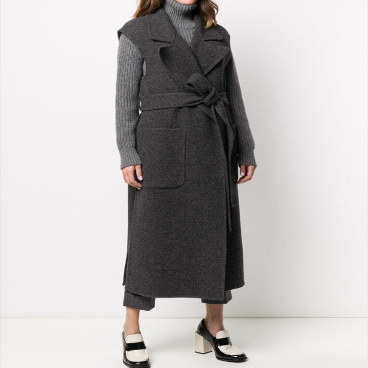 Women Maxi Long Sleeveless Wool Blend Coat with Wide Shawl Collar and Tie Belt Mune Fashion