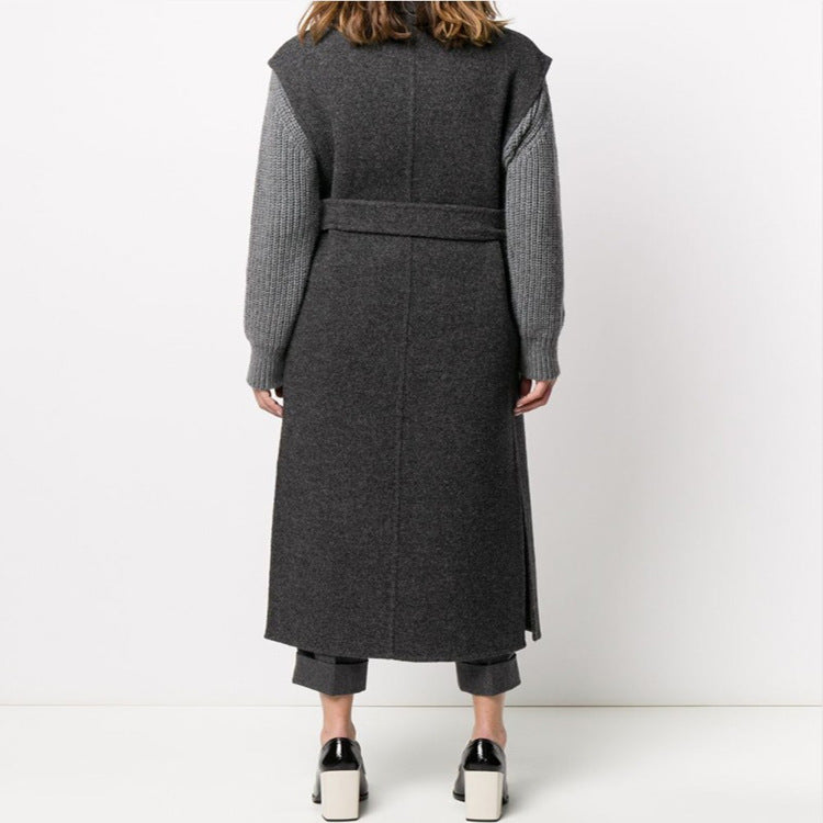 Women Maxi Long Sleeveless Wool Blend Coat with Wide Shawl Collar and Tie Belt Mune Fashion