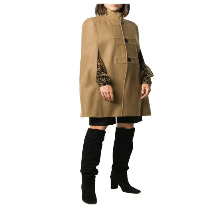 Women's Wool Blend Cape with Stand Collar, Concealed Arm Openings and Minimalist Tailoring Mune Fashion