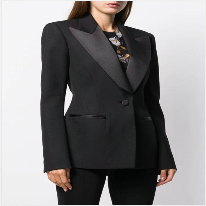 Women Tailored Tuxedo Blazer Jacket with Satin Shawl Collar and Precise Tailoring Mune Fashion
