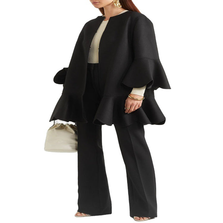 Women's Ruffled Cape Coat made of Wool Blend with Bell Sleeves Mune Fashion