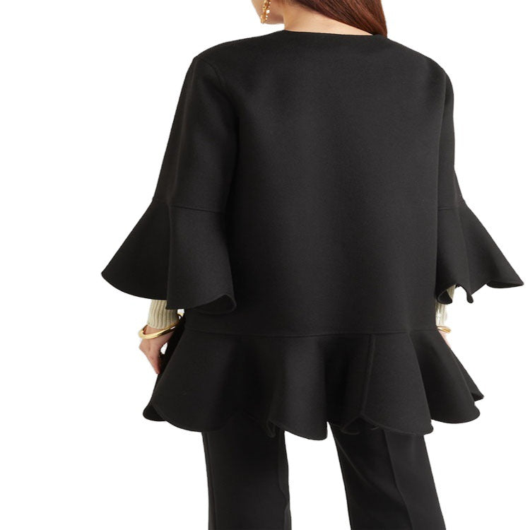 Women's Ruffled Cape Coat made of Wool Blend with Bell Sleeves Mune Fashion
