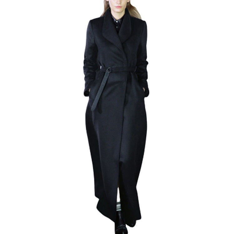 Women’s maxi long tailored wrap long coat with shawl collar and fine tie belt Mune Fashion