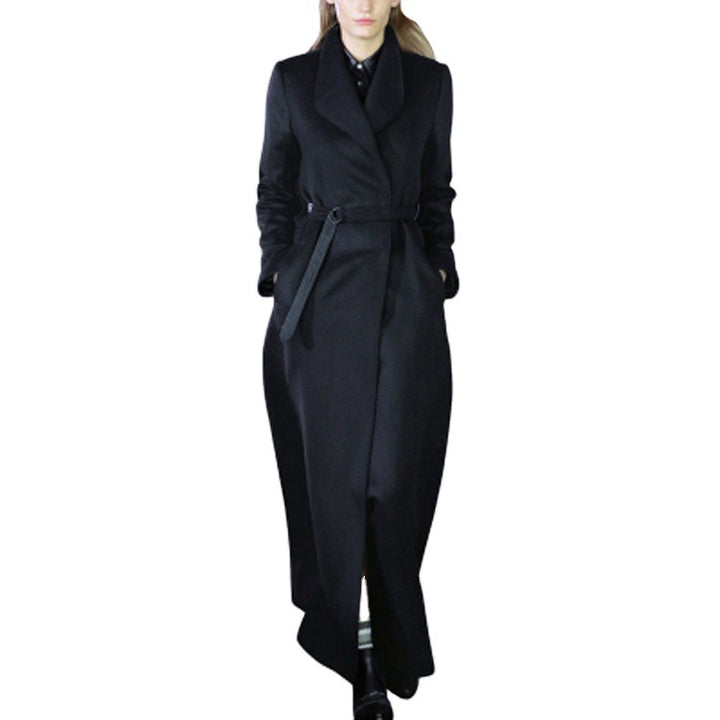 Women’s maxi long tailored wrap long coat with shawl collar and fine tie belt Mune Fashion