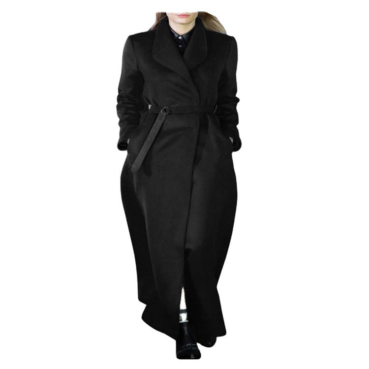Women’s maxi long tailored wrap long coat with shawl collar and fine tie belt Mune Fashion