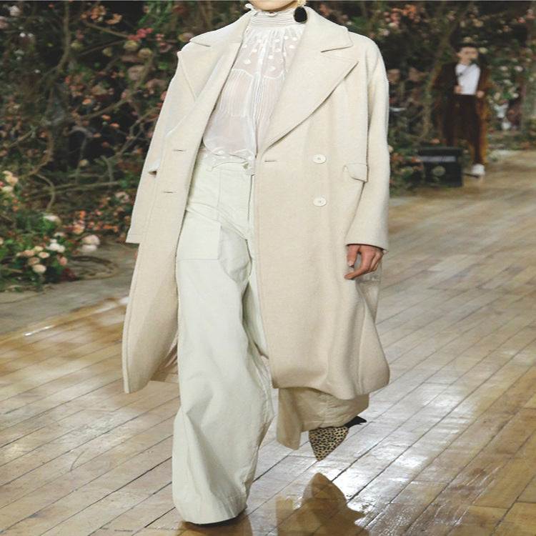 Women Long Floor-Length Relaxed-Fit Wool Blend Coat with Soft Shoulders and Side Slit Mune Fashion