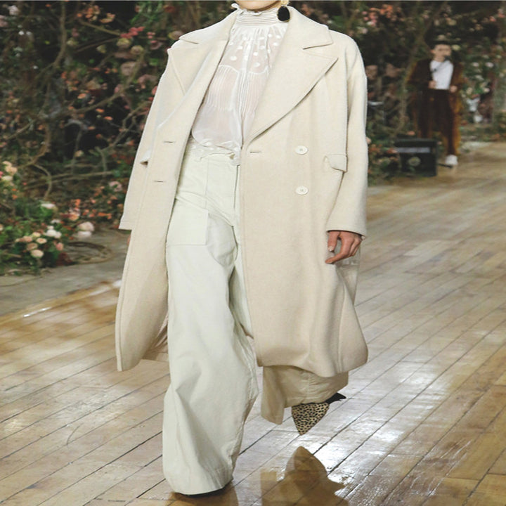 Women Long Floor-Length Relaxed-Fit Wool Blend Coat with Soft Shoulders and Side Slit Mune Fashion