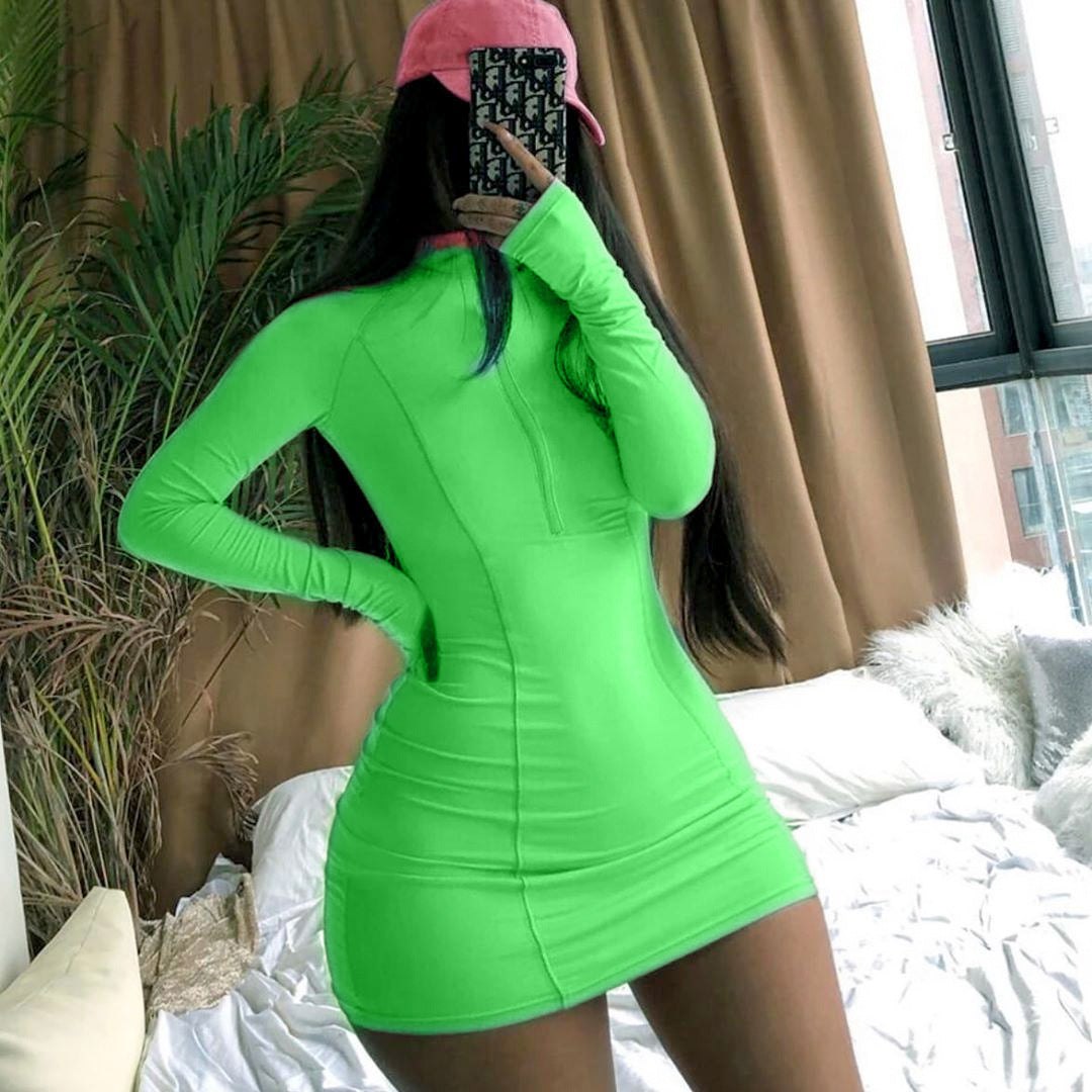 Women’s Fitted Long Sleeve Mini Dress with Stand Collar and Front Zipper Mune Fashion