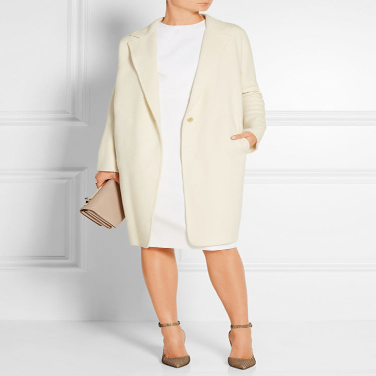 Women's Simple Oversized Long Coat made of Wool-Cashmere Mix with Subtle Lapel and Single-Button Front Mune Fashion