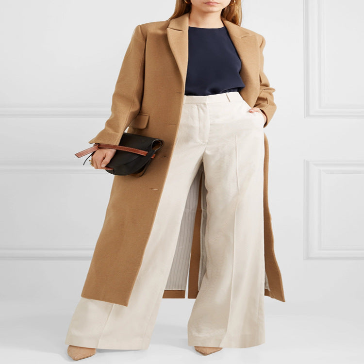 Women's Floor-Length Single-Breasted Wool Blend Coat with Side Slit and Minimalist Tailoring Look Mune Fashion