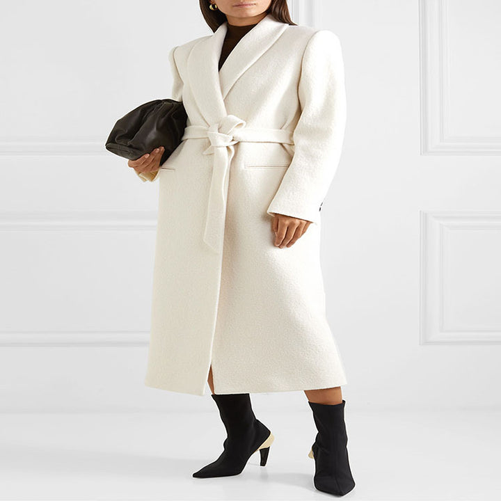 Women Tailored Midi-Length Coat with Wrap Belt and Shawl Collar Mune Fashion
