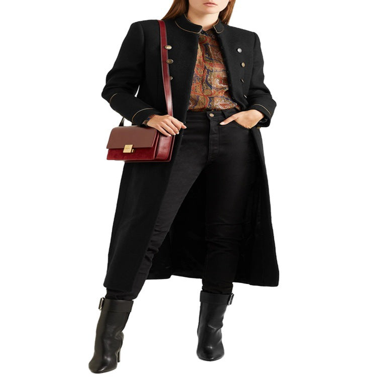 Women’s Longer Military Wool Coat with Gold Decorative Buttons and Stand Collar Mune Fashion