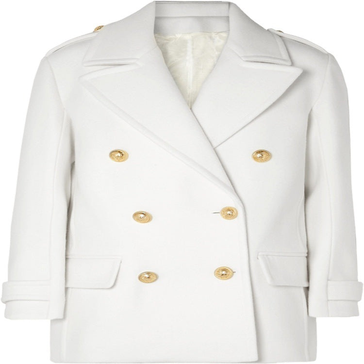 Women's Double-Breasted Short Coat in Marine Tailoring with Gold Decorative Buttons Mune Fashion