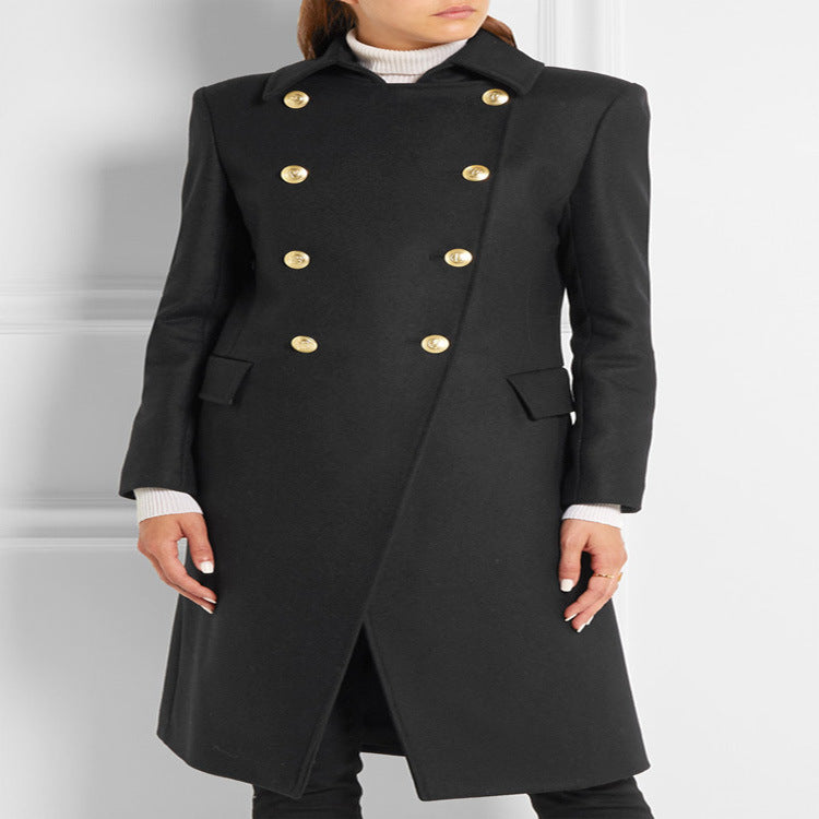 Women Asymmetrical Midi-Length Wool Blend Coat with Double-Breasted Button Placket and Golden Decorative Buttons Mune Fashion