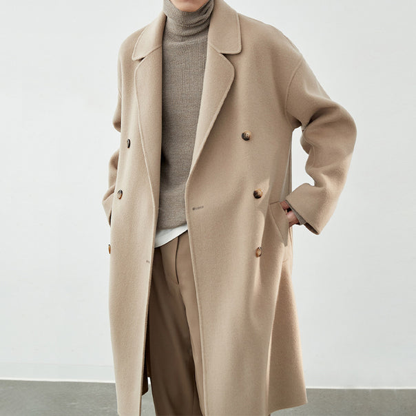 Men's Long Cut Double-Breasted Wool Blend Coat with Oversized Fit Mune Fashion