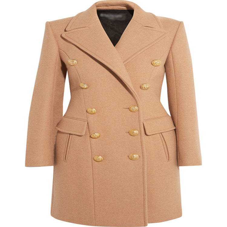 Women’s Wool Blend Long Coat in Marine Tailoring with Contoured Waist and Gold Decorative Round Buttons Mune Fashion