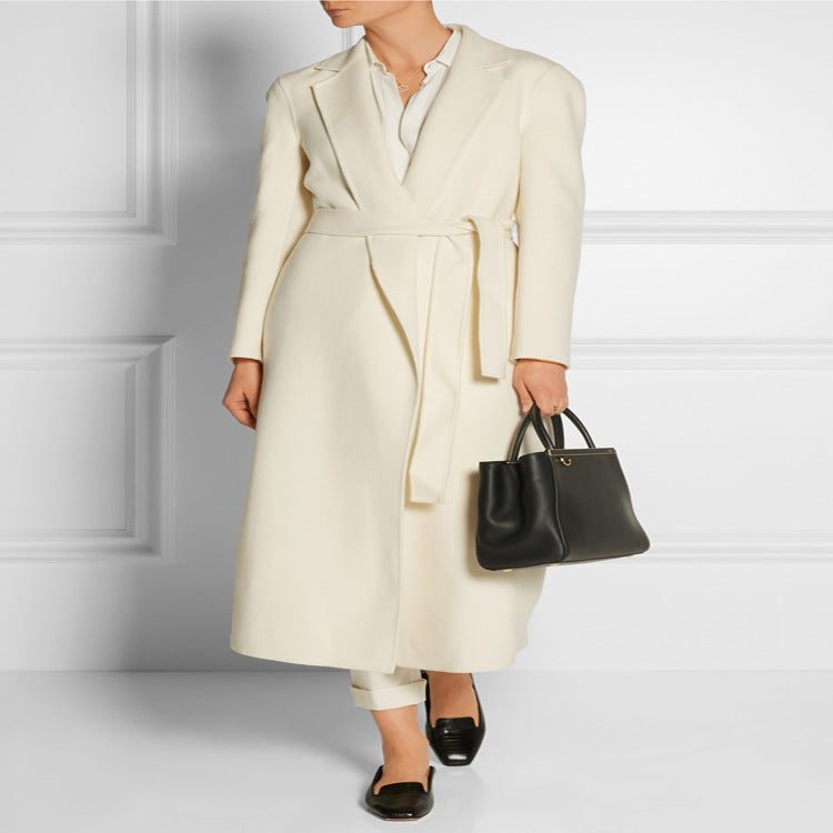 Ladies ankle-length wrap long coat made of wool-cashmere blend with fitted tie belt Mune Fashion