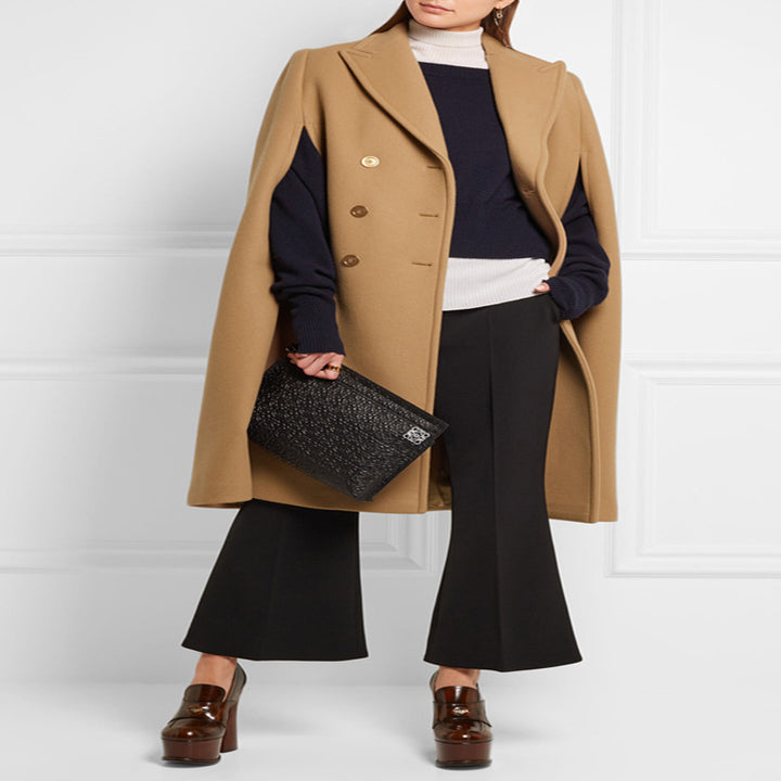 Women's tailored wool blend cape coat with concealed arm openings and double-breasted tailoring Mune Fashion