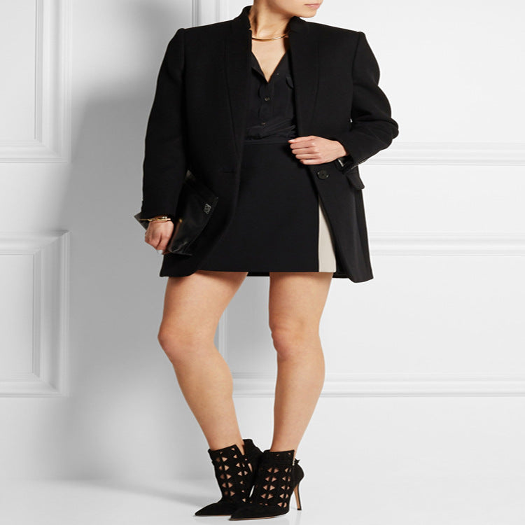 Women's mid-length structured long blazer coat with narrow stand-up collar and flap pockets Mune Fashion