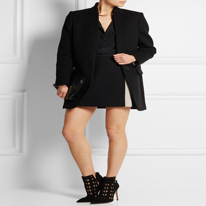 Women's mid-length structured long blazer coat with narrow stand-up collar and flap pockets Mune Fashion