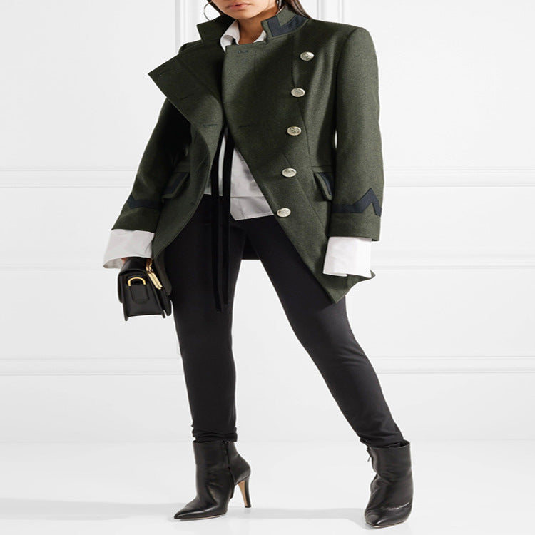 Women Tailored Military Coat in A-Line Cut with Asymmetric Button Placket Mune Fashion
