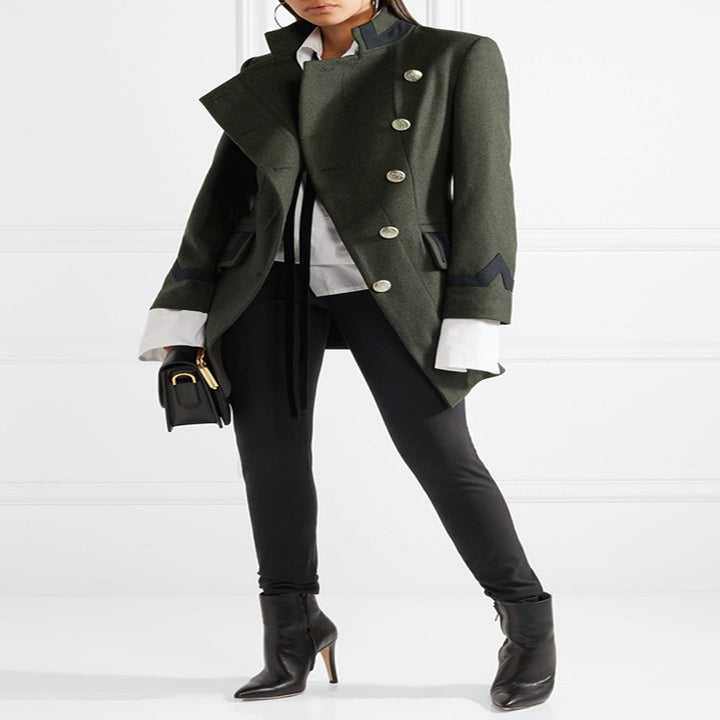 Women Tailored Military Coat in A-Line Cut with Asymmetric Button Placket Mune Fashion
