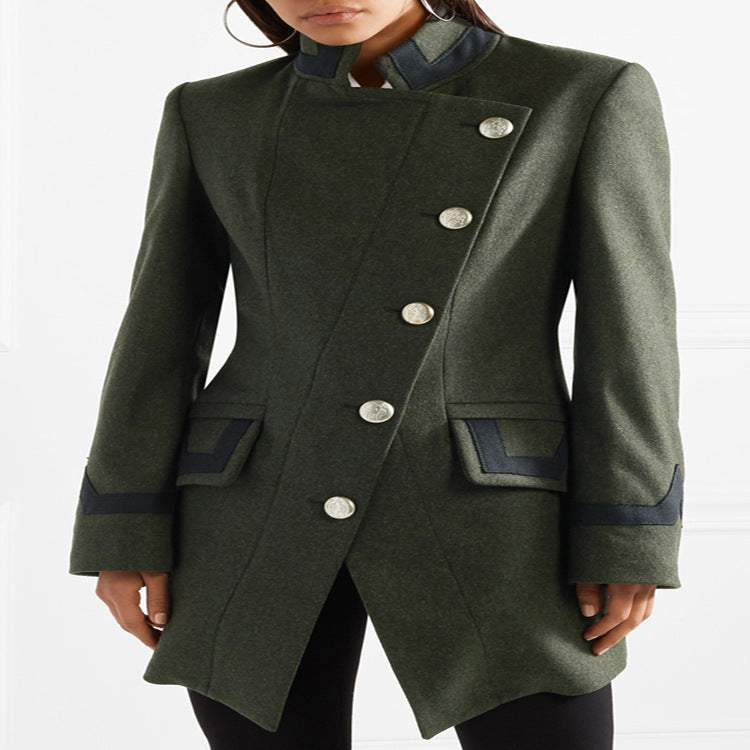 Women Tailored Military Coat in A-Line Cut with Asymmetric Button Placket Mune Fashion