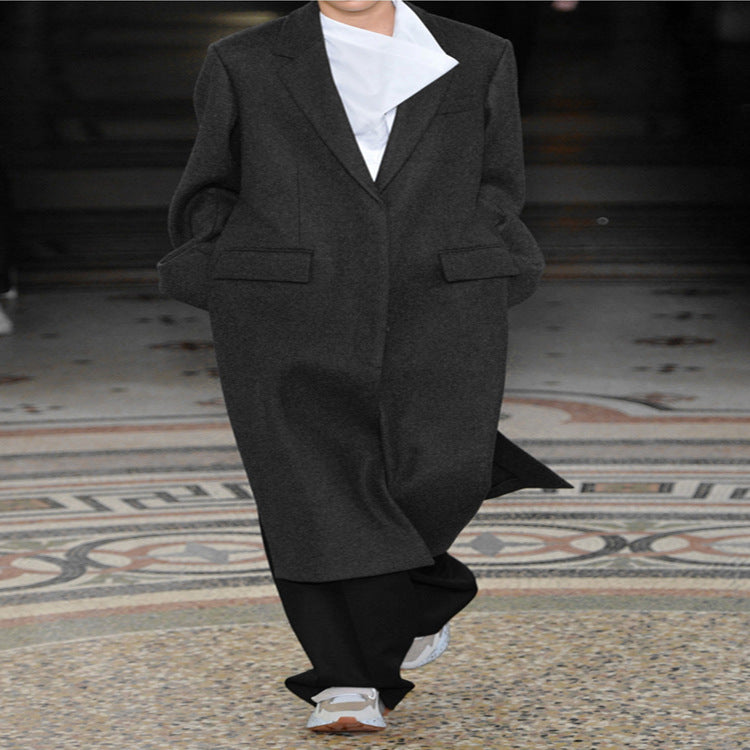 Women's Oversize Single-Breasted Maxi-Length Wool Blend Long Coat with Relaxed Shoulders and Flap Pockets Mune Fashion