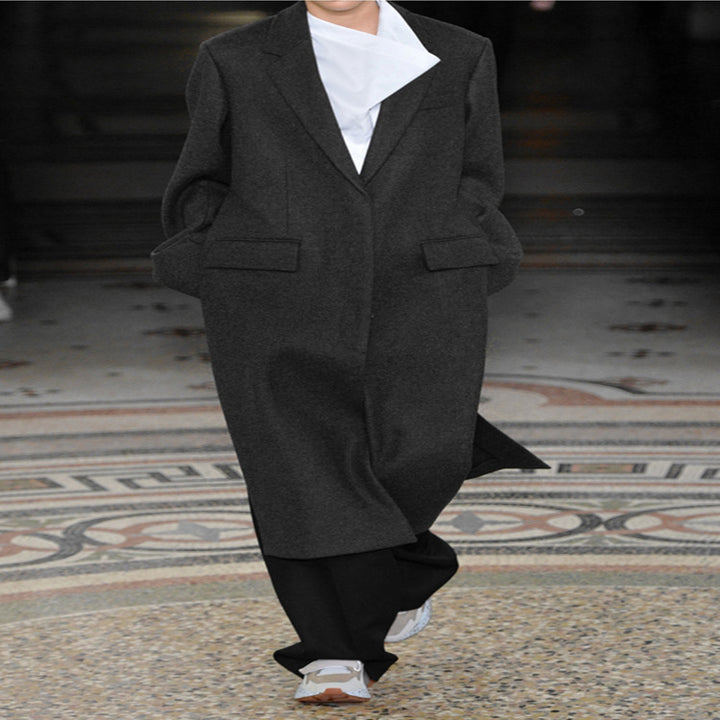 Women's Oversize Single-Breasted Maxi-Length Wool Blend Long Coat with Relaxed Shoulders and Flap Pockets Mune Fashion