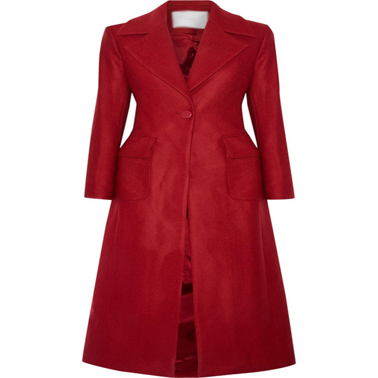 Women's maxi-length wool blend coat with tailored seam design, knife pleats, and flap pockets Mune Fashion