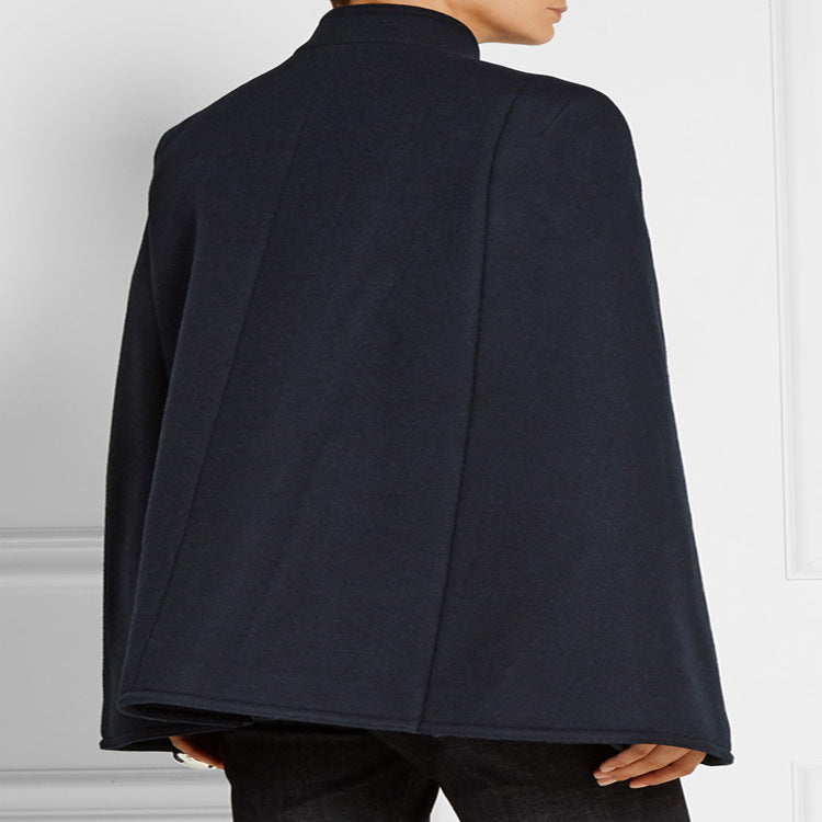 Women's Short Cape Coat in Military Style with Double Breasted and Stand Collar Mune Fashion