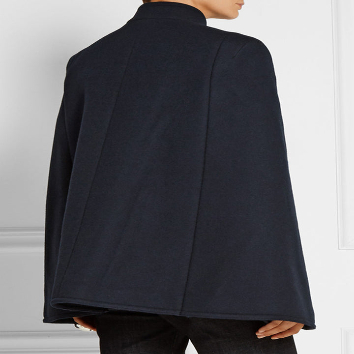 Women's Short Cape Coat in Military Style with Double Breasted and Stand Collar Mune Fashion
