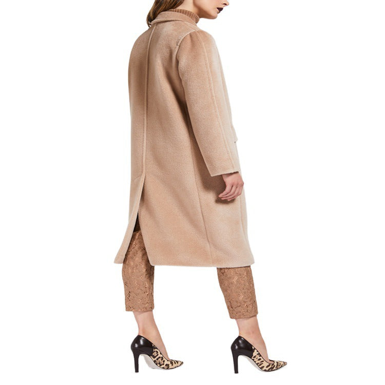 Women's Mid-Length Teddy-Wool Blend Coat with Double Breasted, Patch Pockets and Soft Falling Lapel Mune Fashion