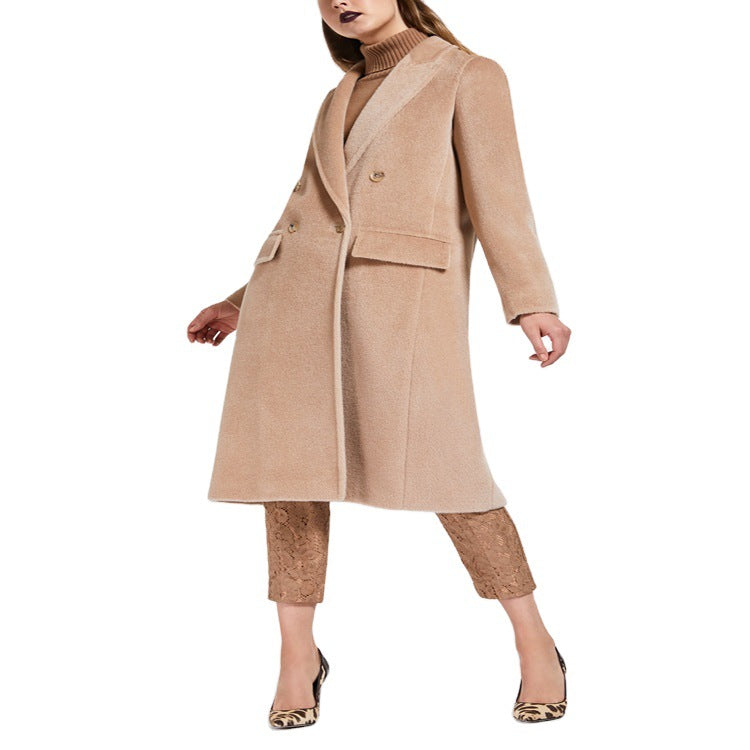 Women's Mid-Length Teddy-Wool Blend Coat with Double Breasted, Patch Pockets and Soft Falling Lapel Mune Fashion