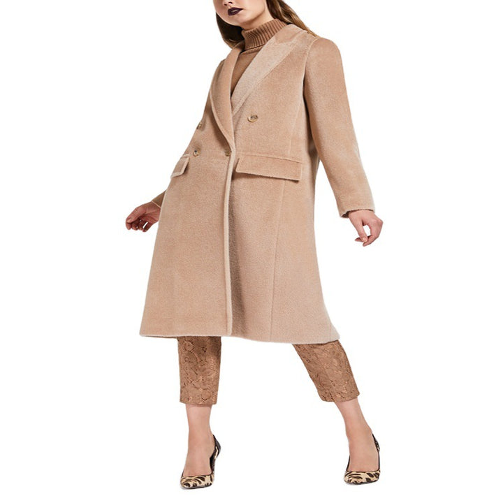 Women's Mid-Length Teddy-Wool Blend Coat with Double Breasted, Patch Pockets and Soft Falling Lapel Mune Fashion