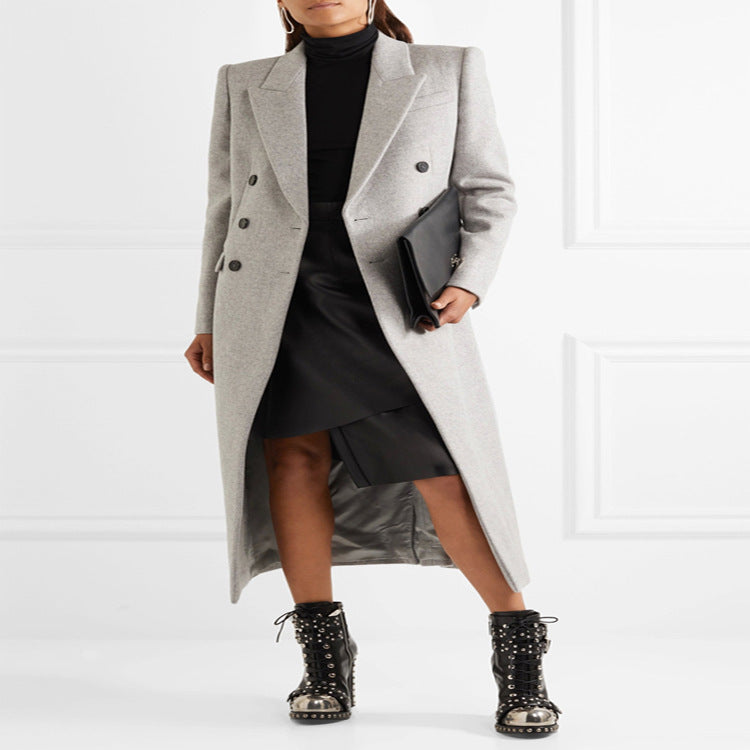 Women's Double-Breasted Tailored Wool Blend Long Coat in Slim Tailoring Style Mune Fashion