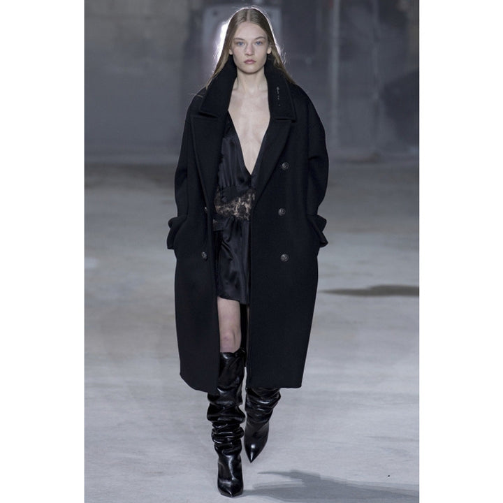 Women Oversize Double-Breasted Long Coat with Wide Shawl Collar and Relaxed Tailoring Mune Fashion