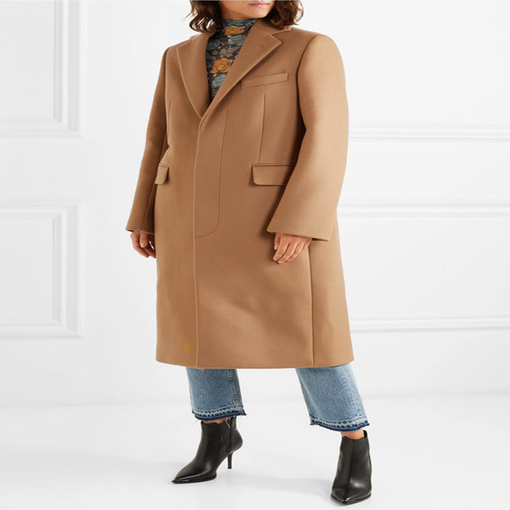 Women's Single-breasted Wool Mix Long Coat with Sharp Tailoring and Patch Pockets Mune Fashion