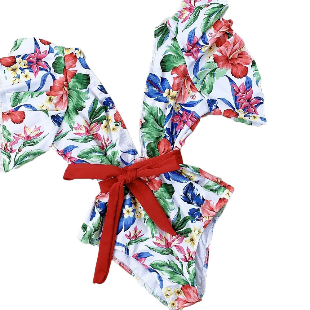 Ladies Elegant Swimsuit with Ruffle Sleeves and Waist Belt Mune Fashion