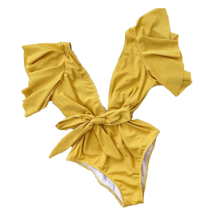 Ladies Elegant Swimsuit with Ruffle Sleeves and Waist Belt Mune Fashion