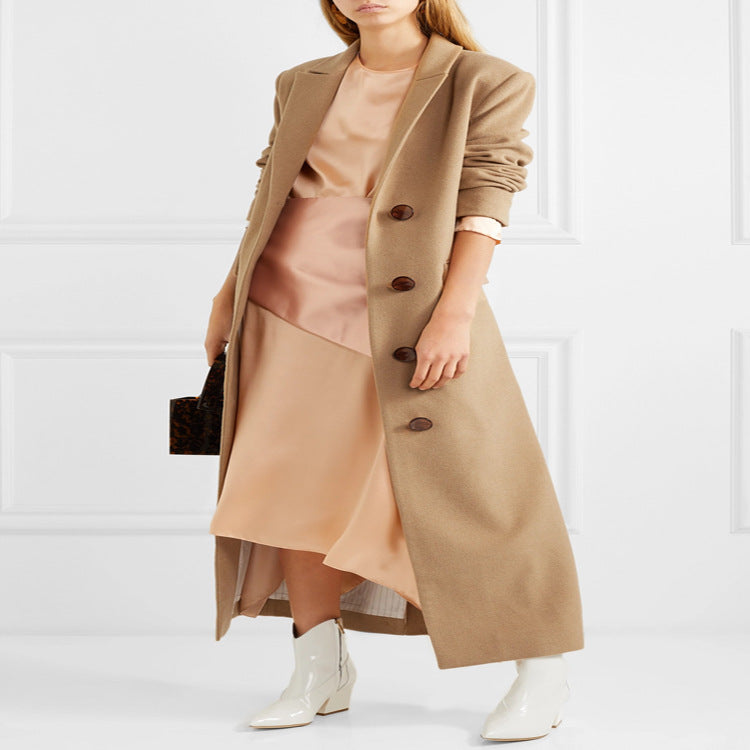 Women's Floor-Length Single-Breasted Wool Blend Coat with Side Slit and Minimalist Tailoring Look Mune Fashion