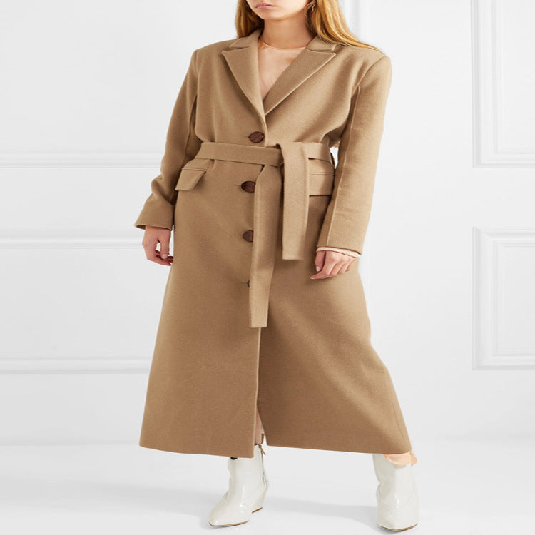Women's Floor-Length Single-Breasted Wool Blend Coat with Side Slit and Minimalist Tailoring Look Mune Fashion