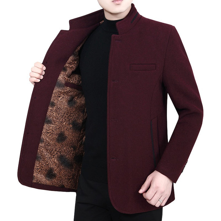 Men's Stand Collar Wool Blend Short Coat with Warm Animal Print Lining Mune Fashion