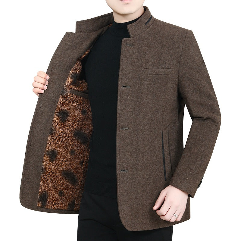 Men's Stand Collar Wool Blend Short Coat with Warm Animal Print Lining Mune Fashion