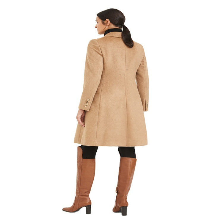 Women Mid-length Tailored Wool Blend Coat with Slim Shoulder Line and Flap Pockets Mune Fashion